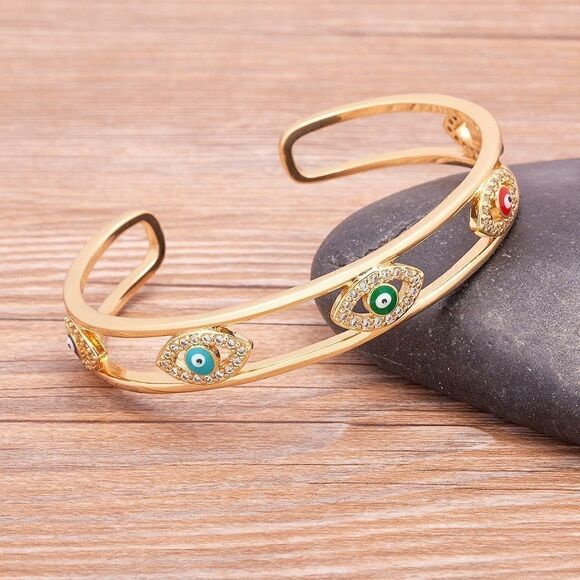 Brand New Gold Evil Eye, Precious Stone Accent Cuff Bracelet - Picture 4 of 6